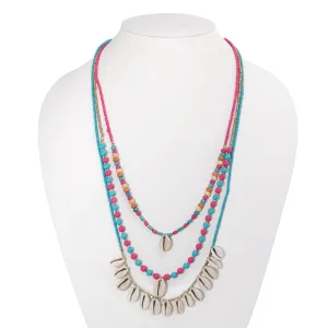 TURQUOIUSE AND PINK BEADS COWRIE SHELL LAYERED  NECKLACES #N5661 TRQ/PINK (LD2)