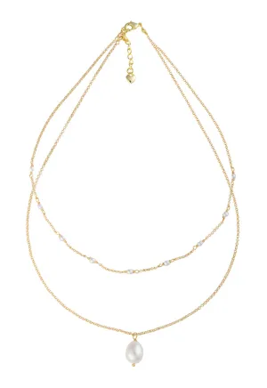 Two strand pearl necklace with tin cup and single large pearl