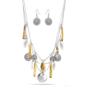TWO TONE METAL CHARMS EARRINGS AND  NECKLACES SET #HNN E88526(LG14)
