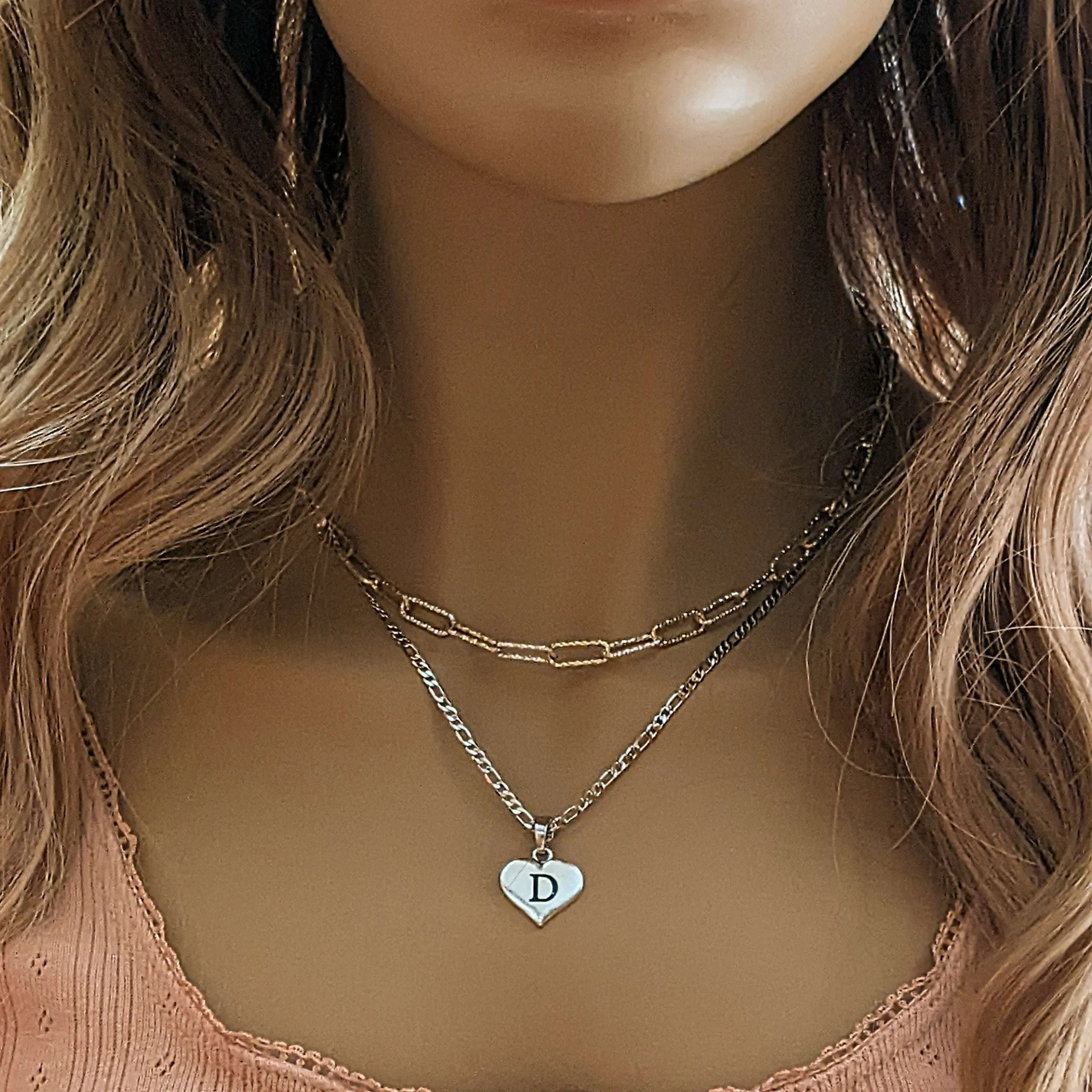 Two-Tone Paperclip & Initial Necklace Set