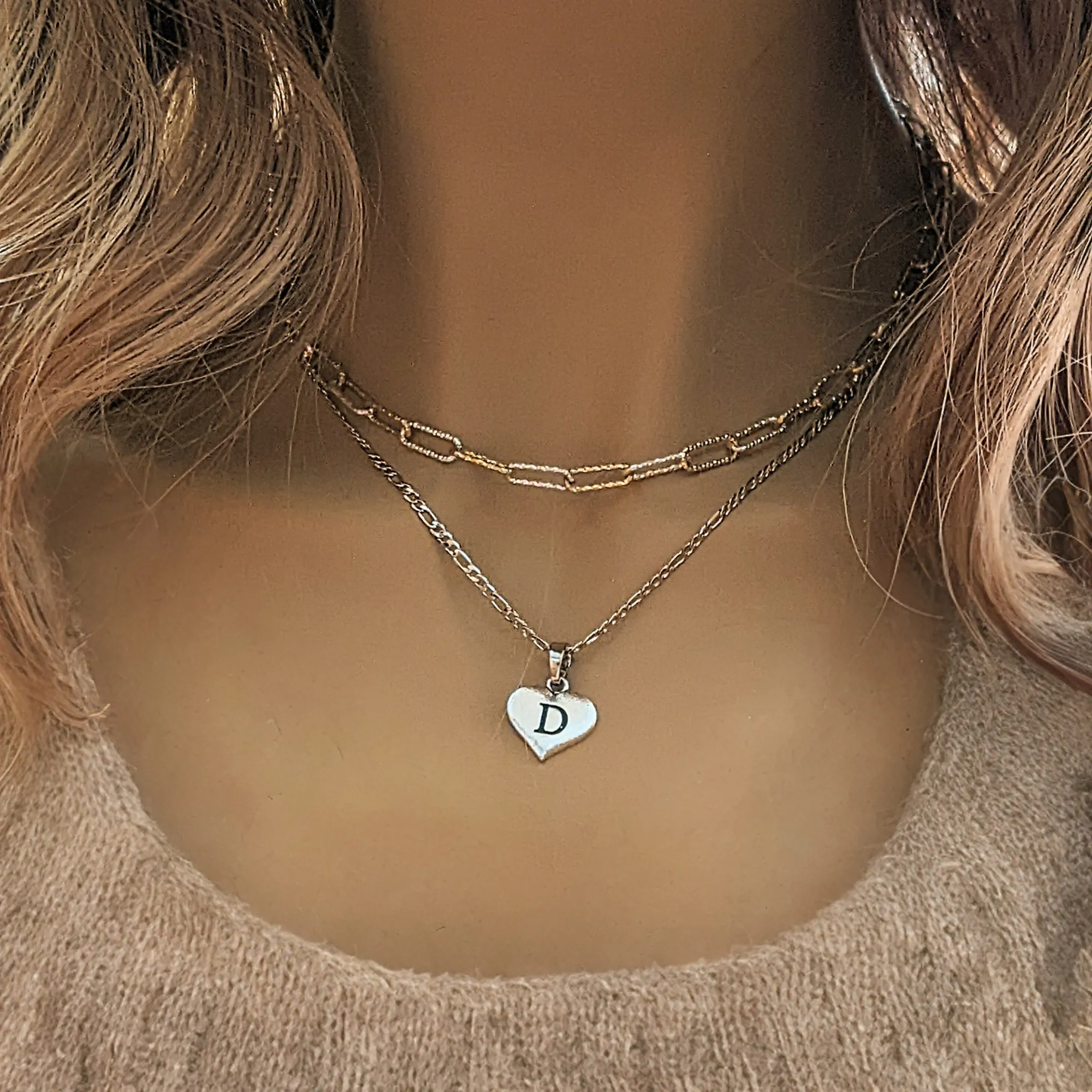 Two-Tone Paperclip & Initial Necklace Set