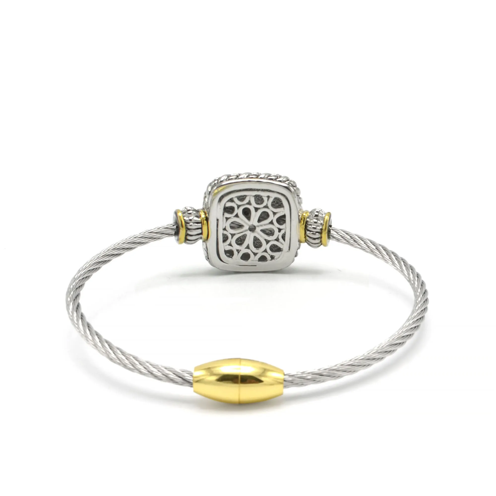 Two Tone Pave Crystal Engraved Classic Cable Bracelet#83015BR(FE12)
