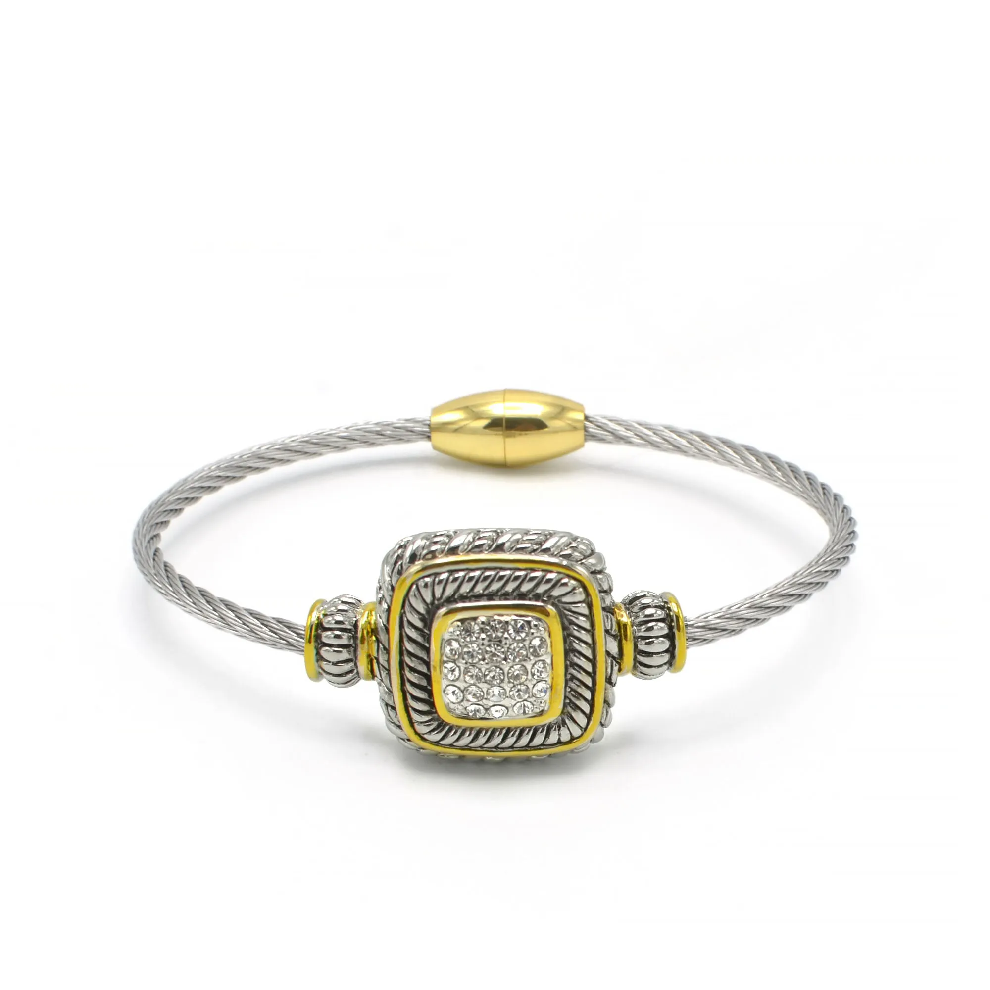 Two Tone Pave Crystal Engraved Classic Cable Bracelet#83015BR(FE12)
