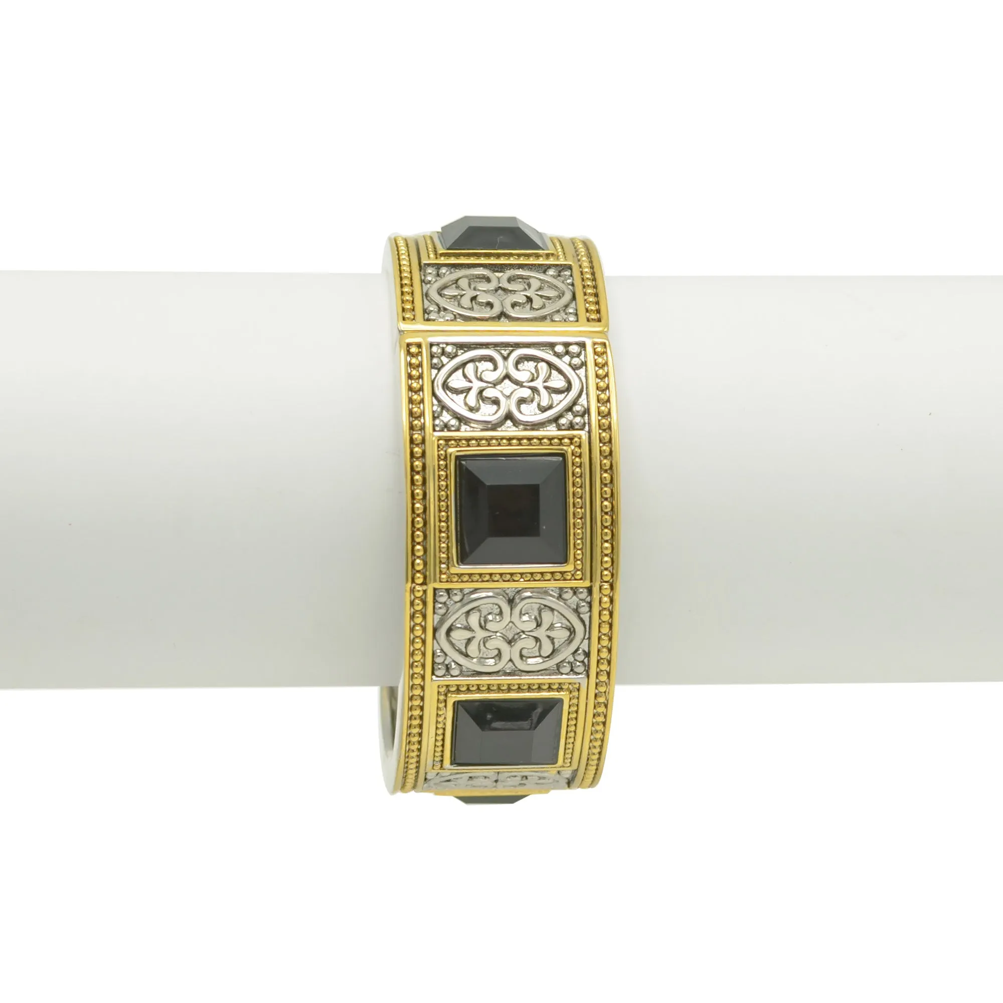 TWO-TONE SIVER AND GOLD OXIDIZED PALTED BLACK FACETED STONE HINGED BRACELET #FW-B4598SG