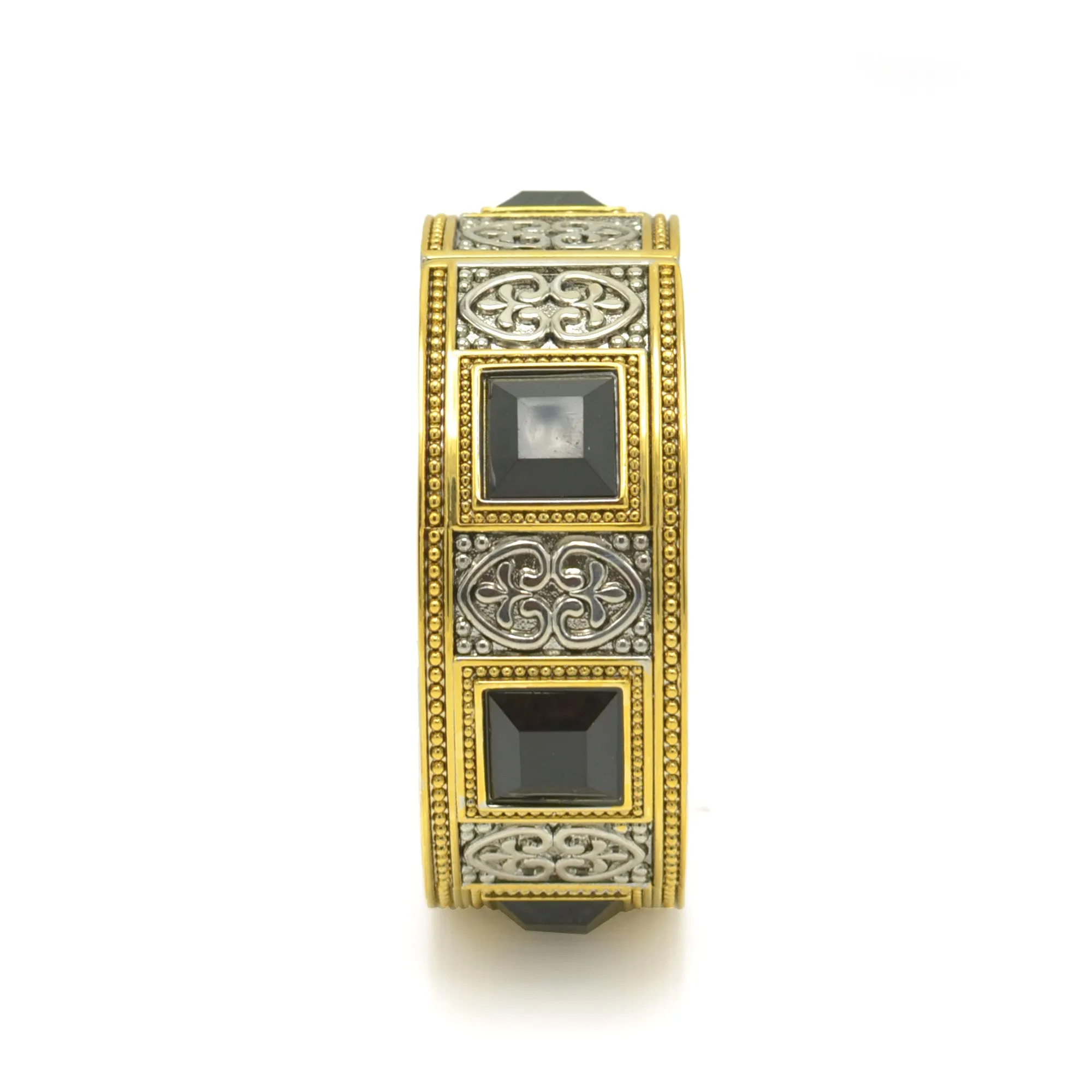 TWO-TONE SIVER AND GOLD OXIDIZED PALTED BLACK FACETED STONE HINGED BRACELET #FW-B4598SG