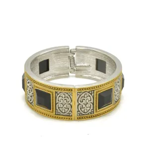 TWO-TONE SIVER AND GOLD OXIDIZED PALTED BLACK FACETED STONE HINGED BRACELET #FW-B4598SG