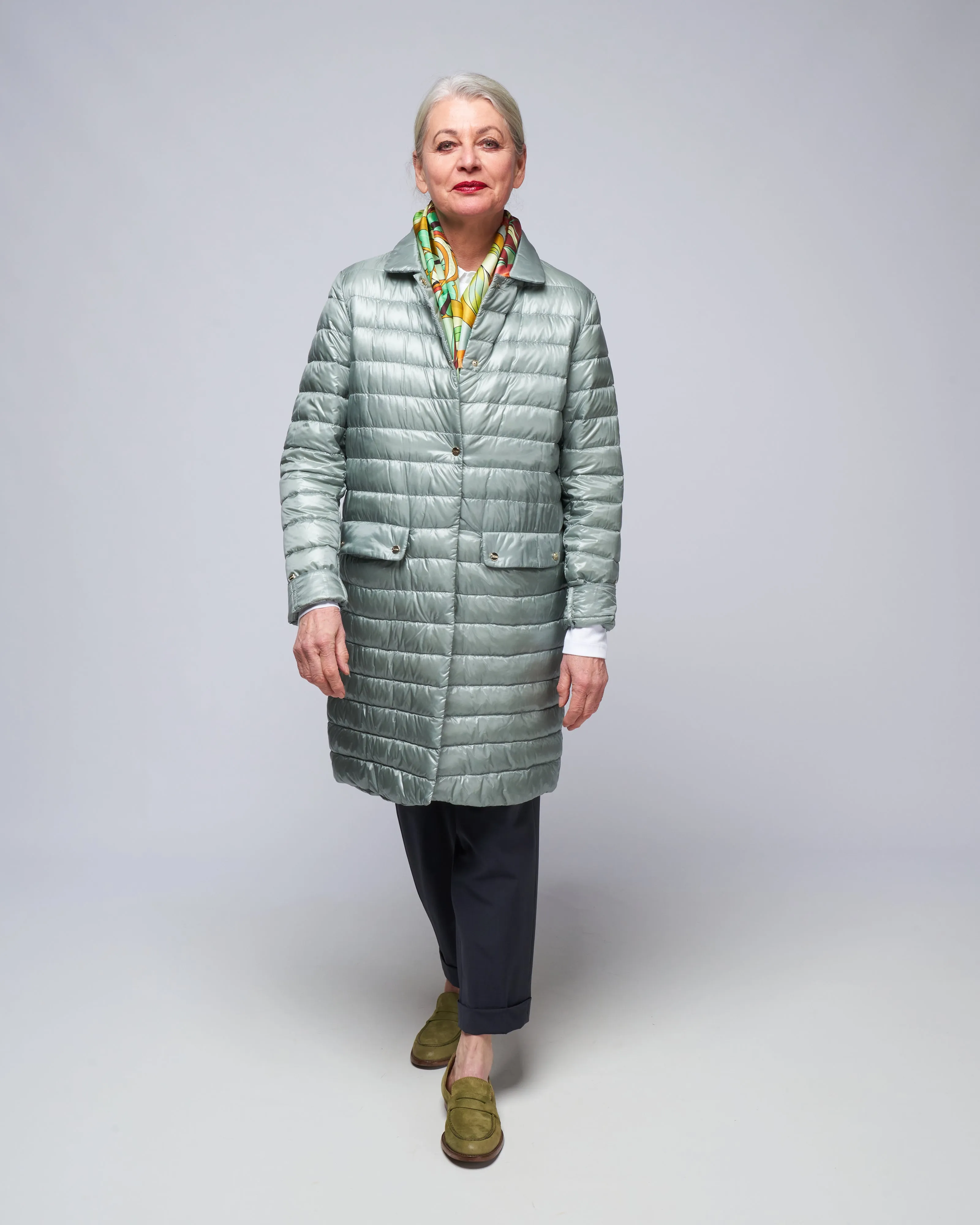ultralight single breasted midi down jacket - dusty blue 9434