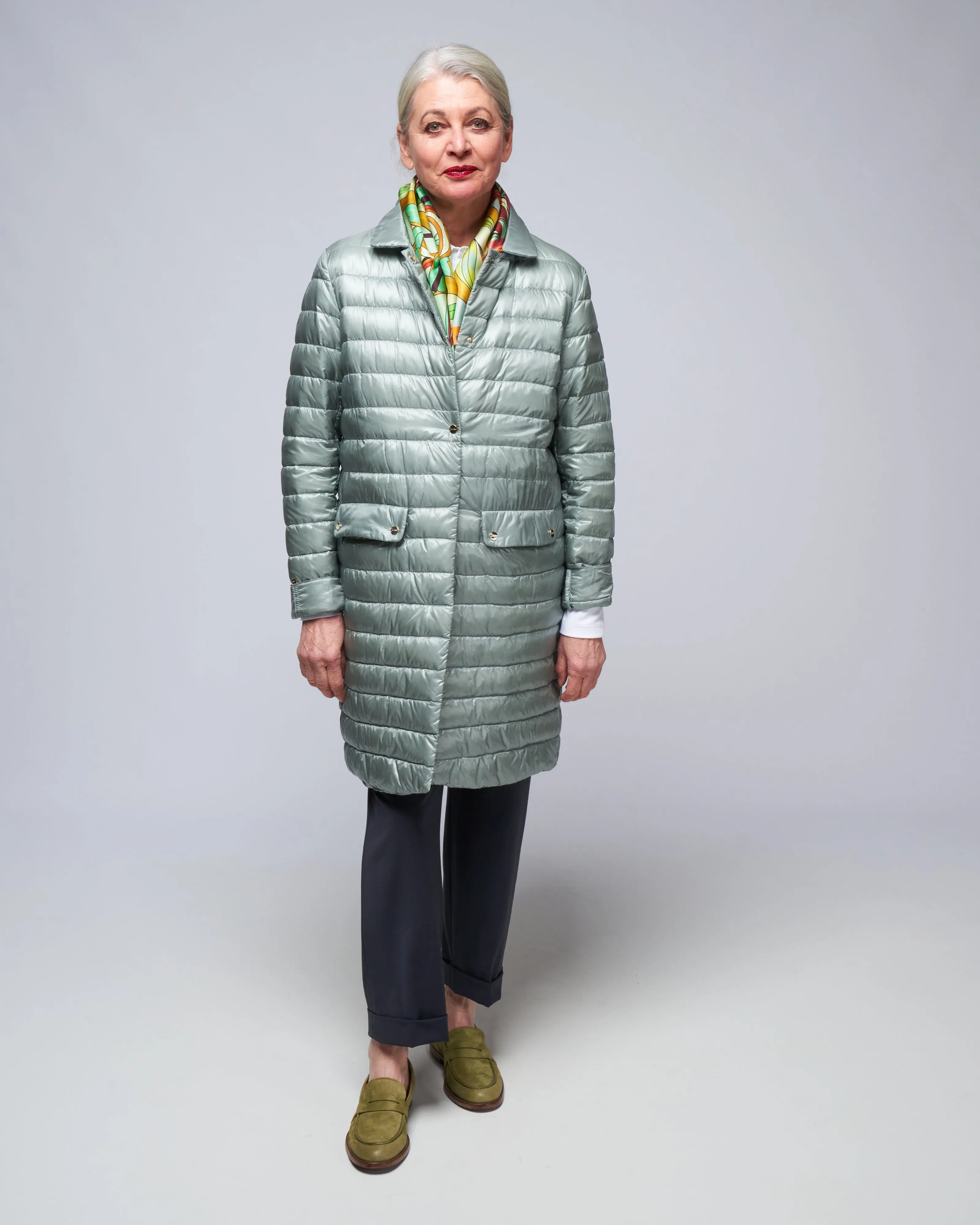 ultralight single breasted midi down jacket - dusty blue 9434