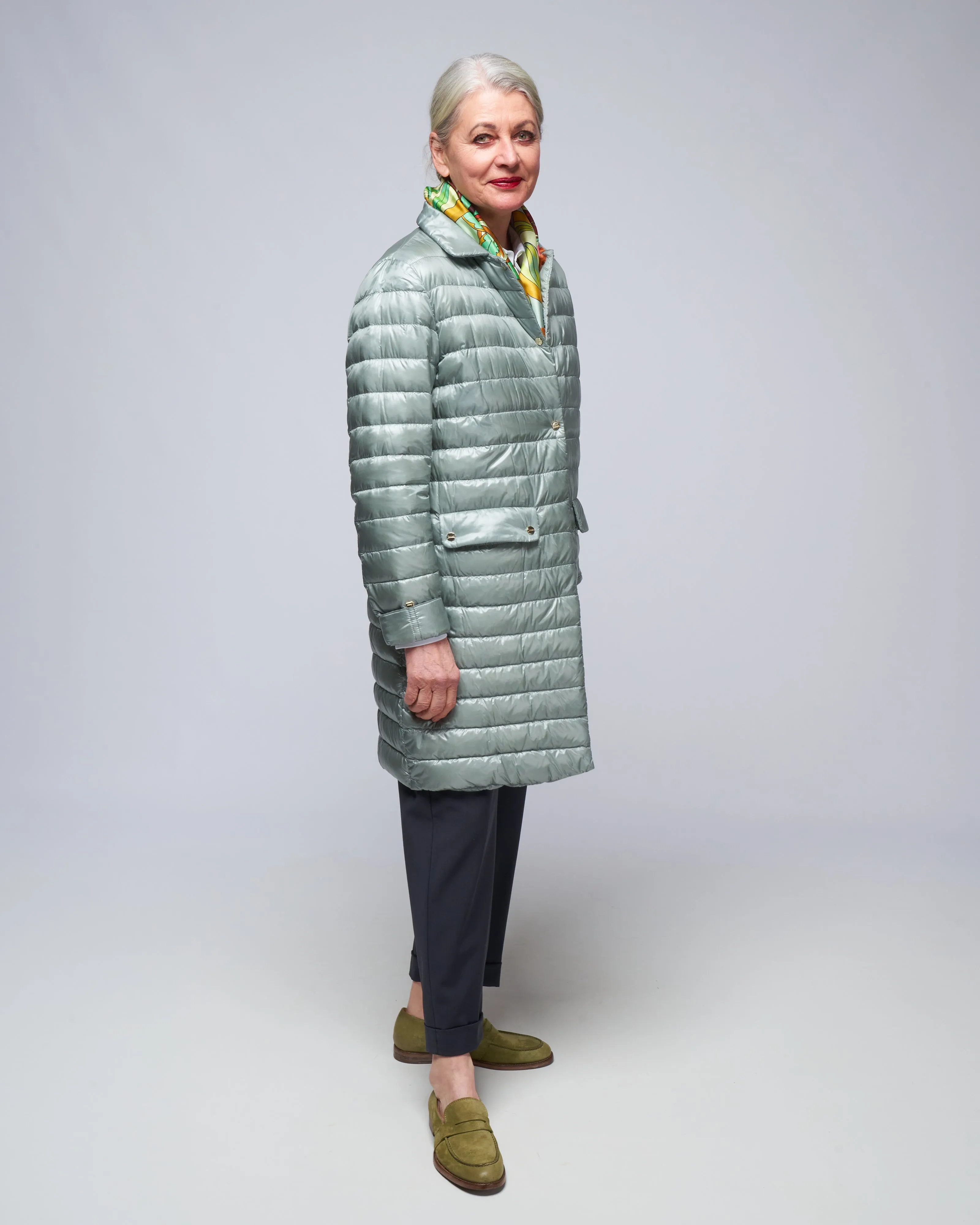 ultralight single breasted midi down jacket - dusty blue 9434