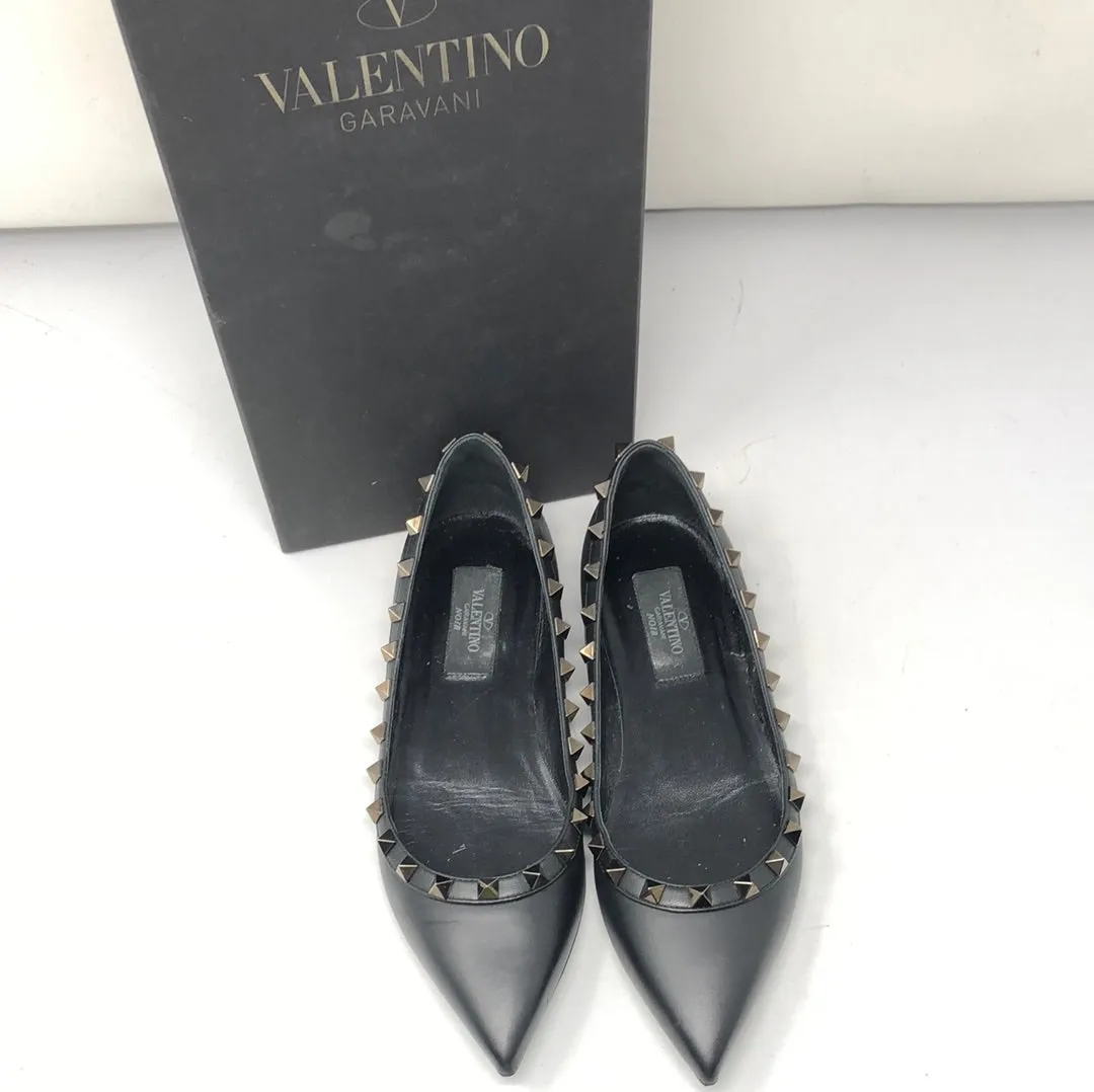 Valentino Black Pointed Toe with Black Rockstud Flat Shoe