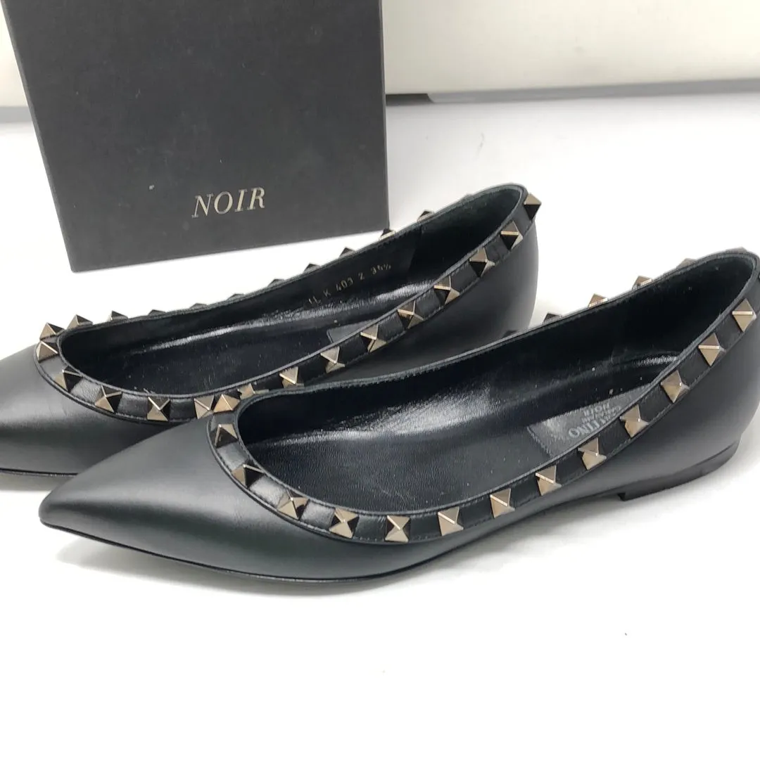 Valentino Black Pointed Toe with Black Rockstud Flat Shoe