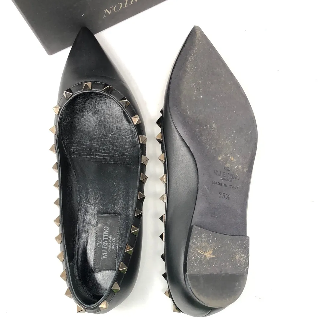 Valentino Black Pointed Toe with Black Rockstud Flat Shoe