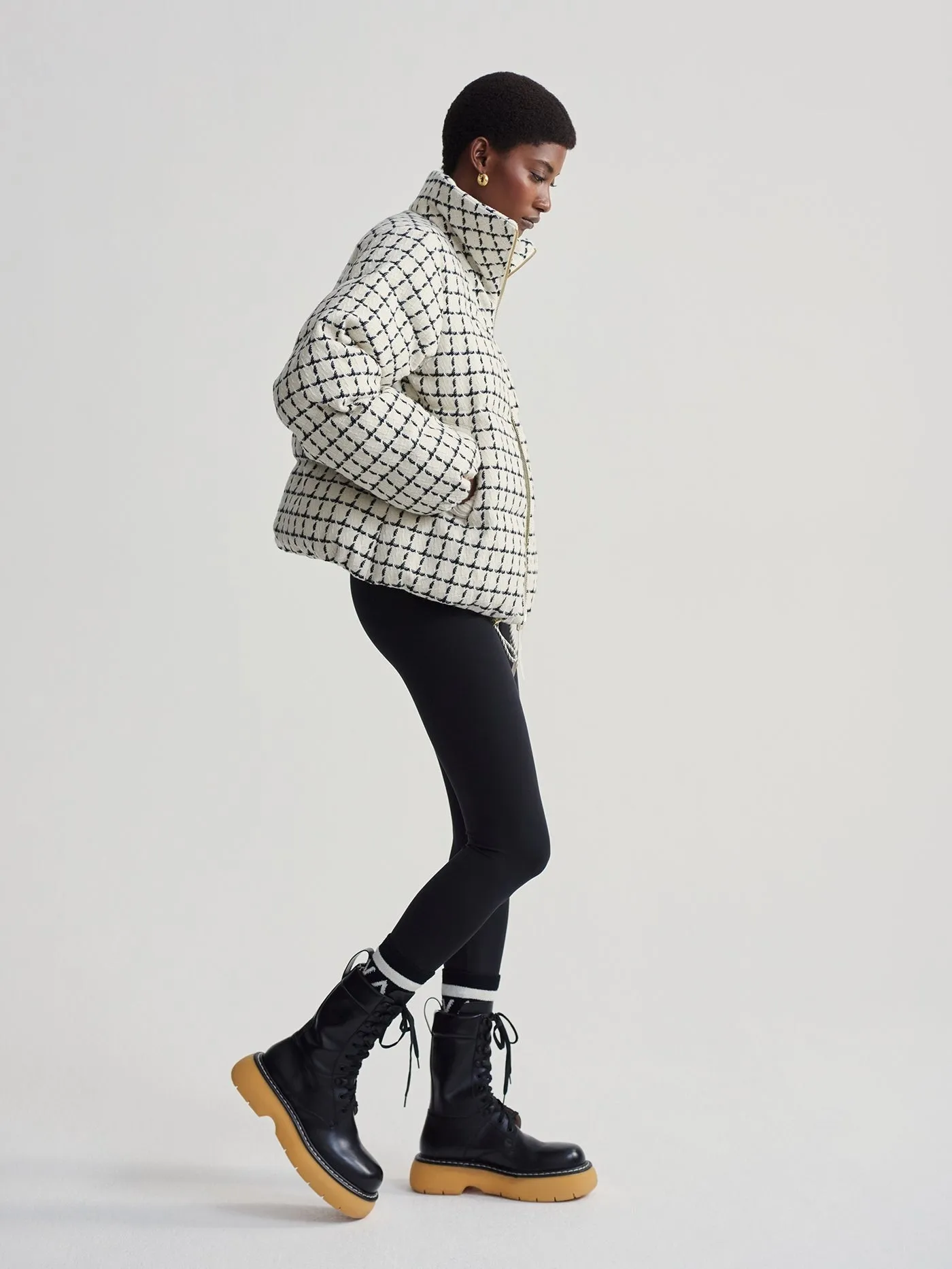 Varley Eugene Check Short Puffer in Egret Mono Check