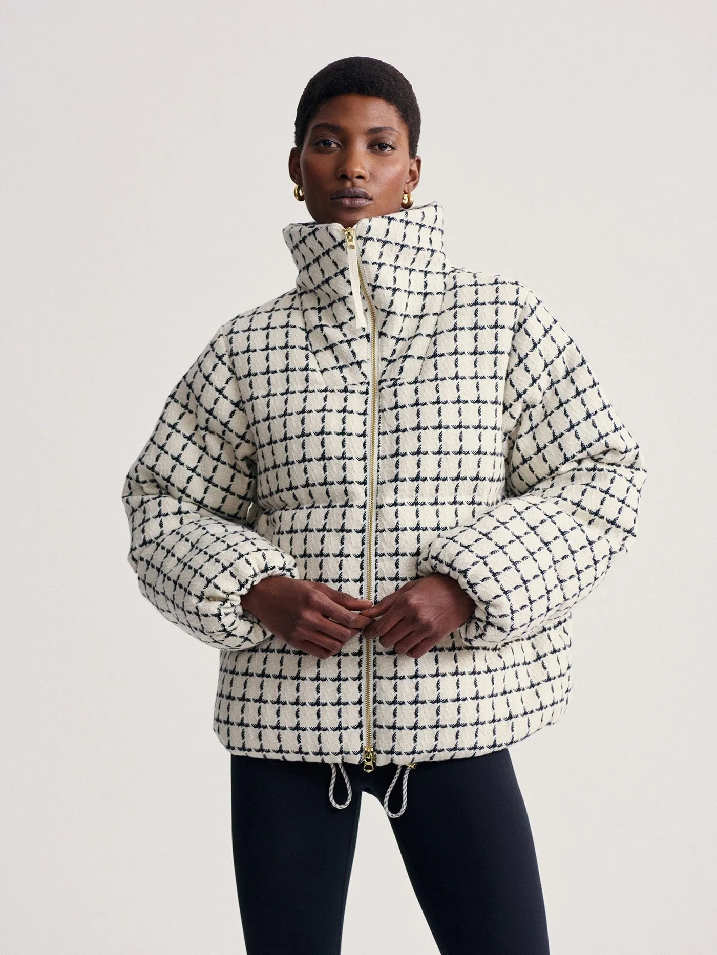 Varley Eugene Check Short Puffer in Egret Mono Check