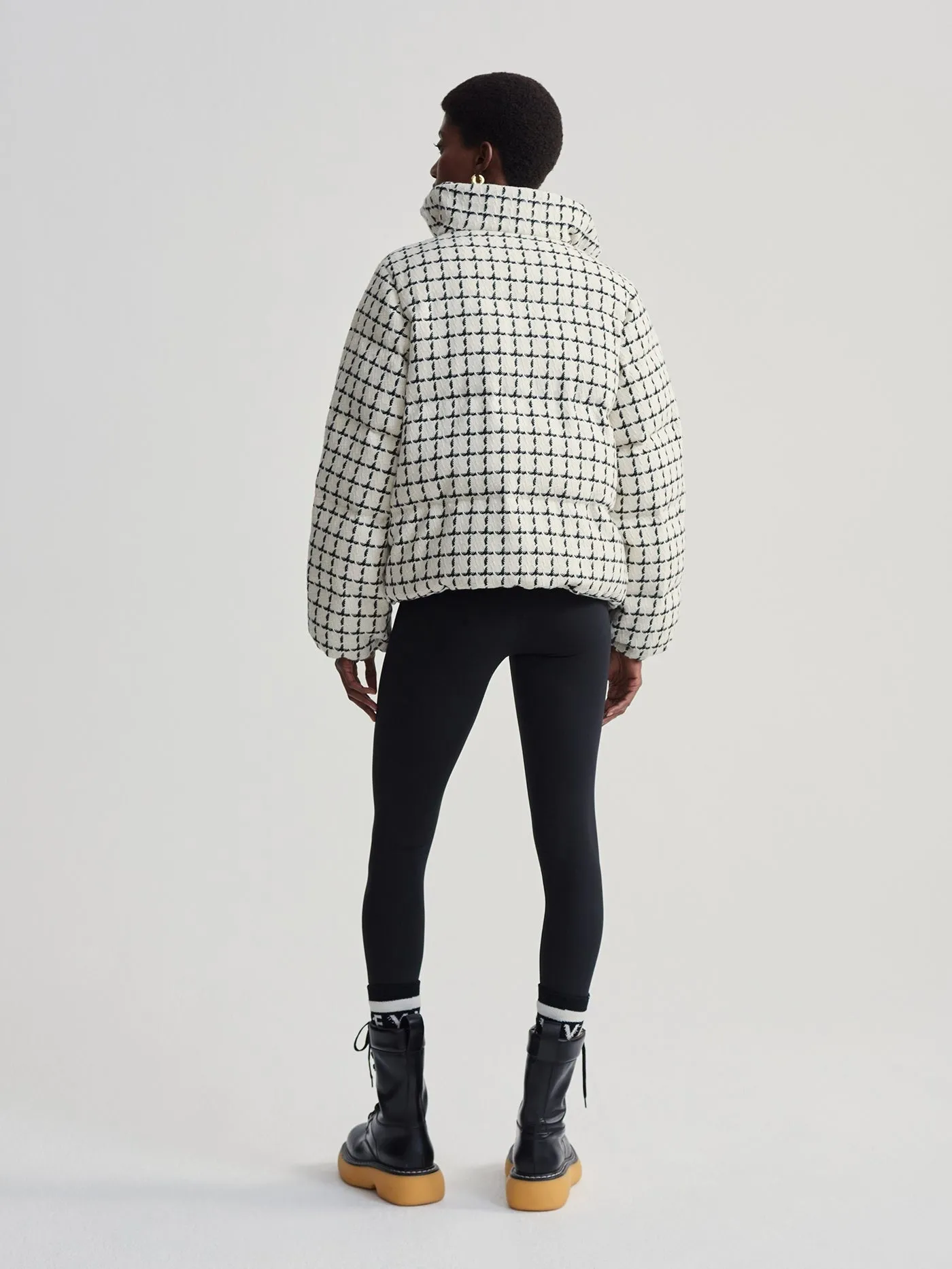 Varley Eugene Check Short Puffer in Egret Mono Check