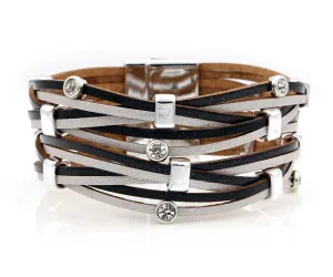 Weave Metallic Black Silver Rhinestone Leather Bracelet