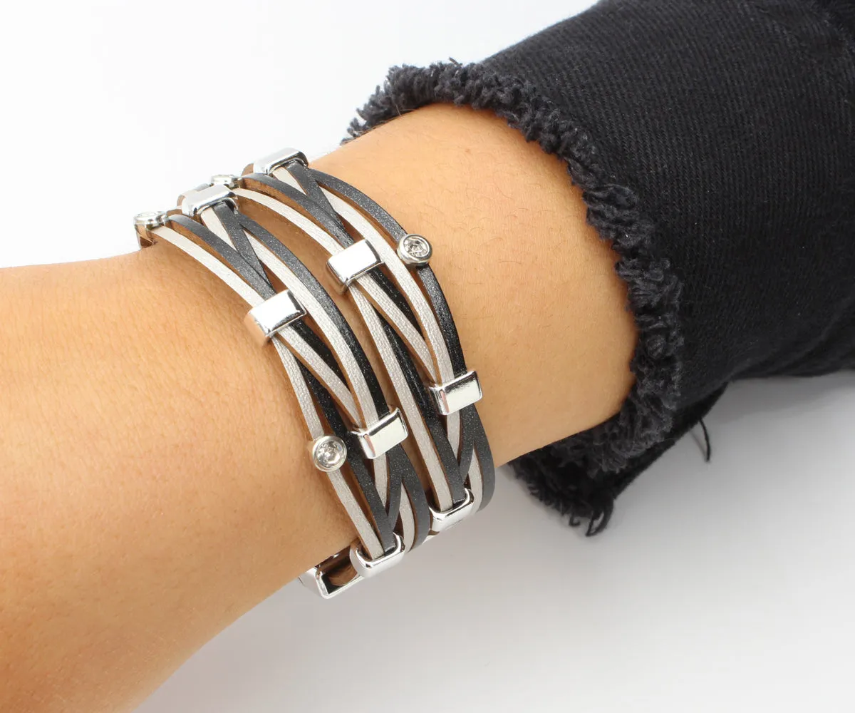 Weave Metallic Black Silver Rhinestone Leather Bracelet