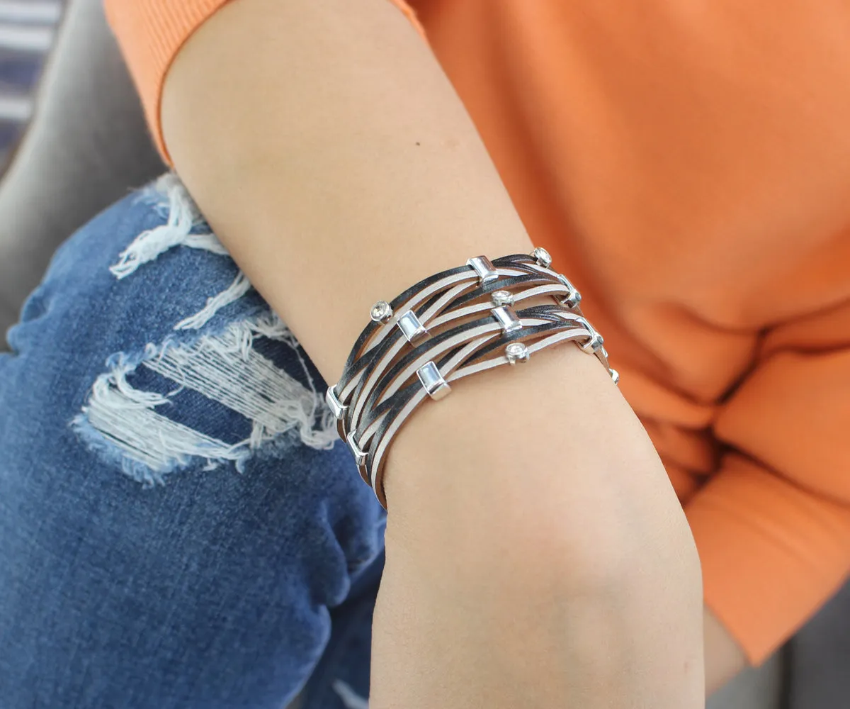 Weave Metallic Black Silver Rhinestone Leather Bracelet