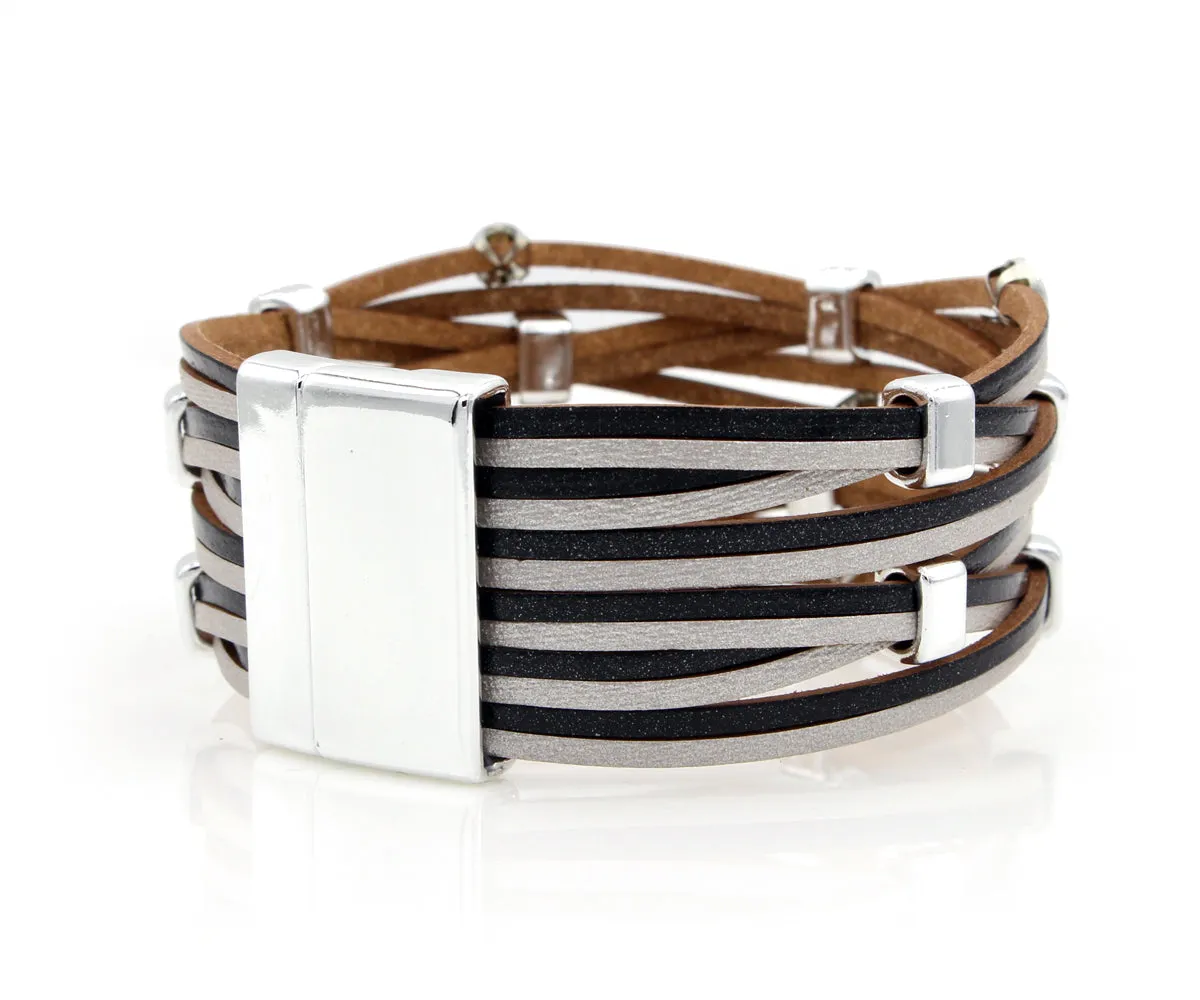 Weave Metallic Black Silver Rhinestone Leather Bracelet