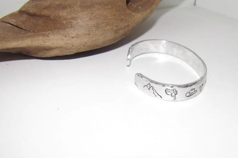Western theme Personalized Adjustable stamped cuff bracelet, inspiration rings, adjustable silver ring, stamped jewelry, boho mountain ring