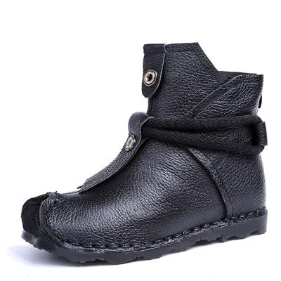Winter Warm Mother Genuine Leather Ankle Boots Flats Pleated Ladies Zip Plush Shoes Female Fashion Sewing Retro Short Boot 35-42