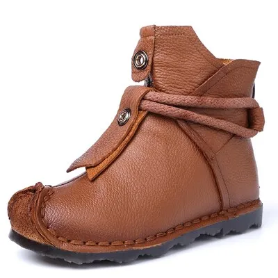 Winter Warm Mother Genuine Leather Ankle Boots Flats Pleated Ladies Zip Plush Shoes Female Fashion Sewing Retro Short Boot 35-42