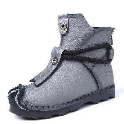 Winter Warm Mother Genuine Leather Ankle Boots Flats Pleated Ladies Zip Plush Shoes Female Fashion Sewing Retro Short Boot 35-42