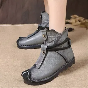 Winter Warm Mother Genuine Leather Ankle Boots Flats Pleated Ladies Zip Plush Shoes Female Fashion Sewing Retro Short Boot 35-42