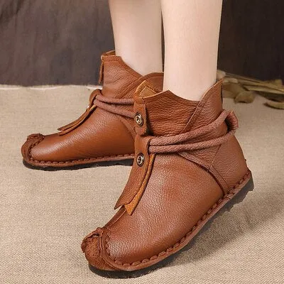 Winter Warm Mother Genuine Leather Ankle Boots Flats Pleated Ladies Zip Plush Shoes Female Fashion Sewing Retro Short Boot 35-42
