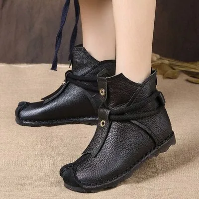 Winter Warm Mother Genuine Leather Ankle Boots Flats Pleated Ladies Zip Plush Shoes Female Fashion Sewing Retro Short Boot 35-42