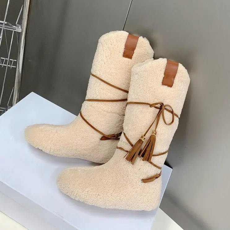Woman Cross-tied Snow Boots Flats Knee High Boots