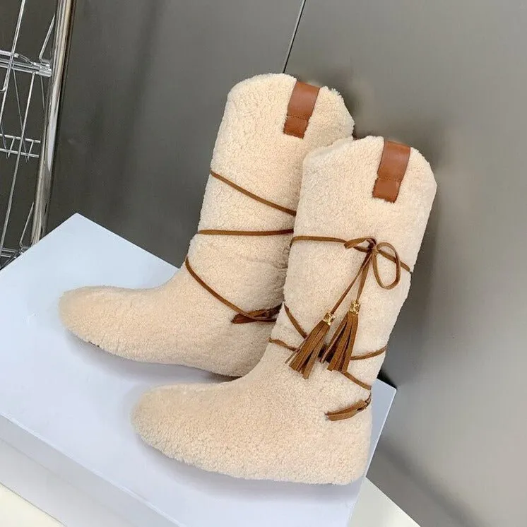 Woman Cross-tied Snow Boots Flats Knee High Boots