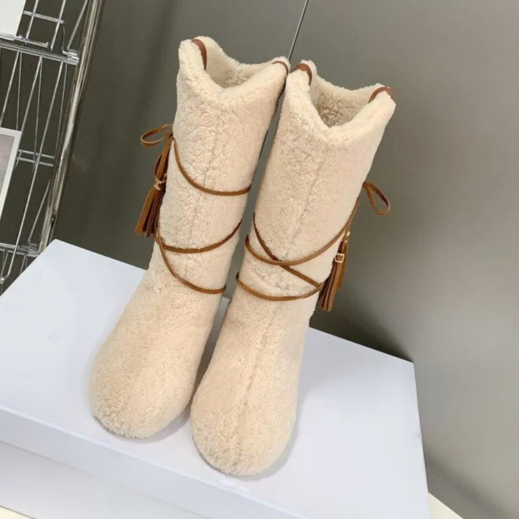 Woman Cross-tied Snow Boots Flats Knee High Boots