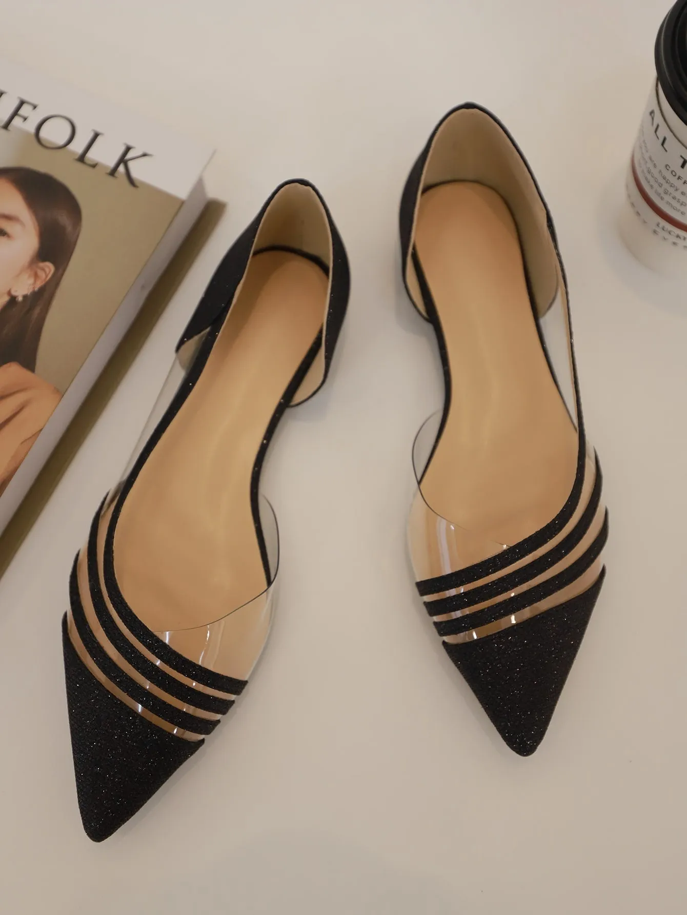 Women Clear Detail Glitter Decor Flats, Fashionable Point Toe Flat Shoes
