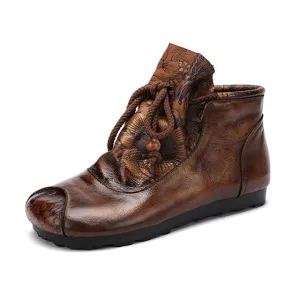 Women Leather Boots Retro Shoes Embroidery Flats Heels Soft Genuine Leather Women Ankle Boots Spring Handmade Martin Boots Shoes