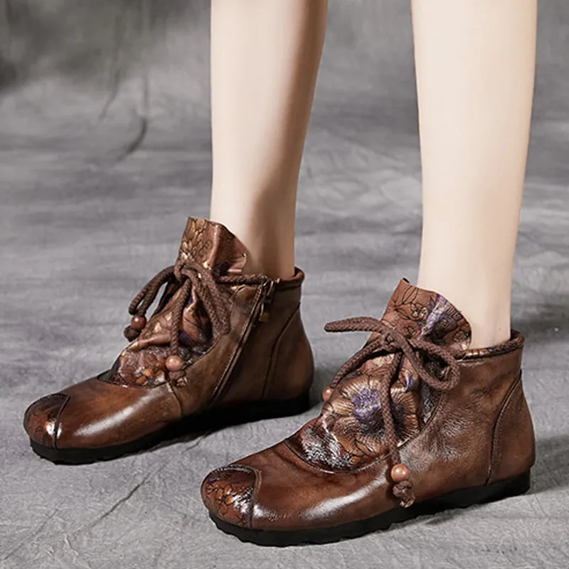 Women Leather Boots Retro Shoes Embroidery Flats Heels Soft Genuine Leather Women Ankle Boots Spring Handmade Martin Boots Shoes