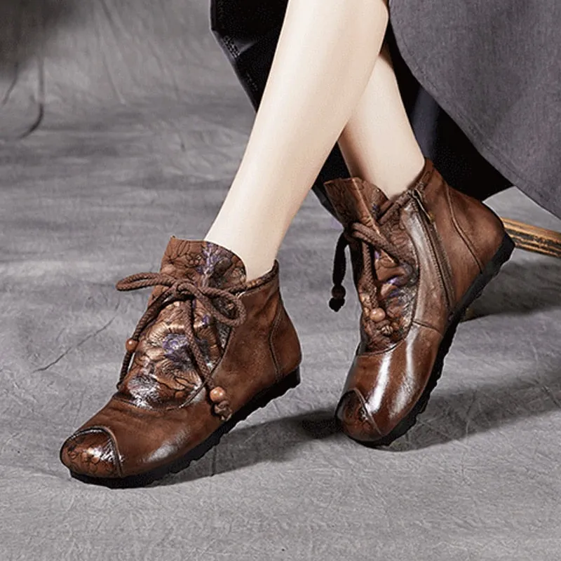 Women Leather Boots Retro Shoes Embroidery Flats Heels Soft Genuine Leather Women Ankle Boots Spring Handmade Martin Boots Shoes