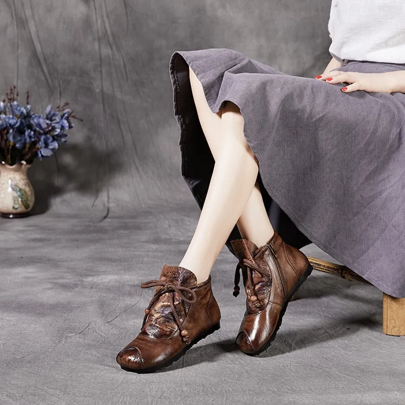 Women Leather Boots Retro Shoes Embroidery Flats Heels Soft Genuine Leather Women Ankle Boots Spring Handmade Martin Boots Shoes
