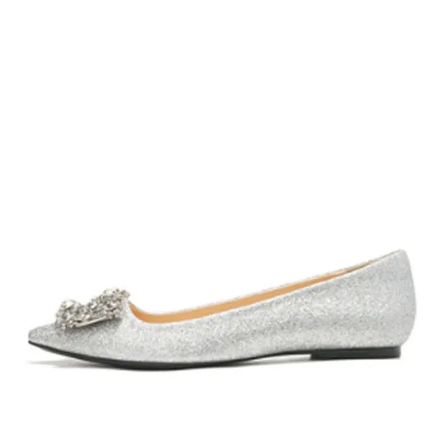 Women Wedding Shoes Square Buckle Crystal Pointed Toe Flats