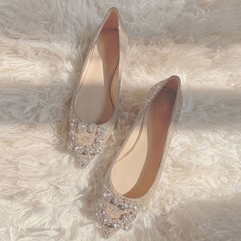 Women Wedding Shoes Square Buckle Crystal Pointed Toe Flats