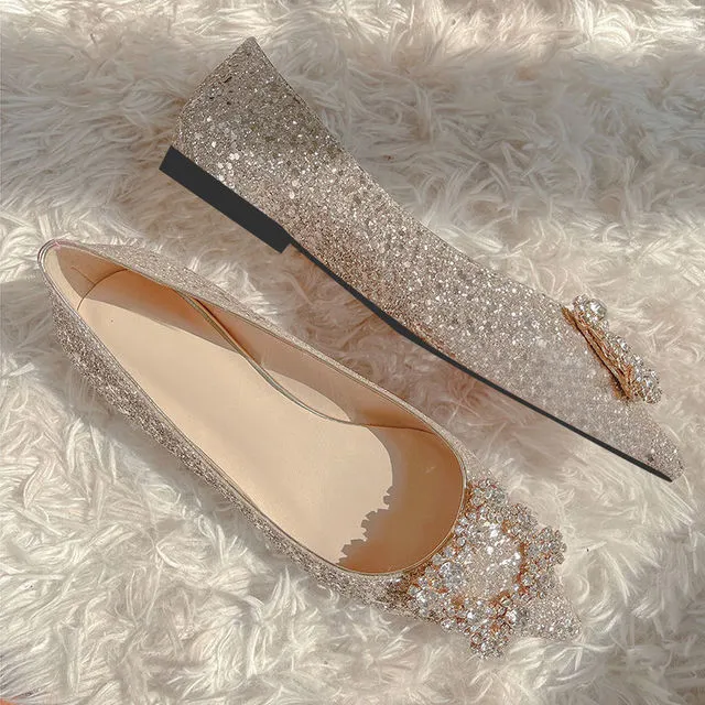 Women Wedding Shoes Square Buckle Crystal Pointed Toe Flats
