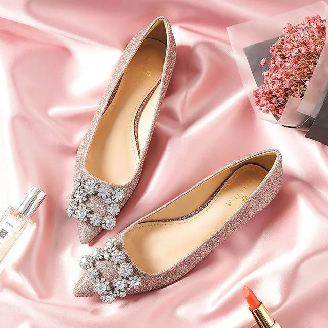 Women Wedding Shoes Square Buckle Crystal Pointed Toe Flats