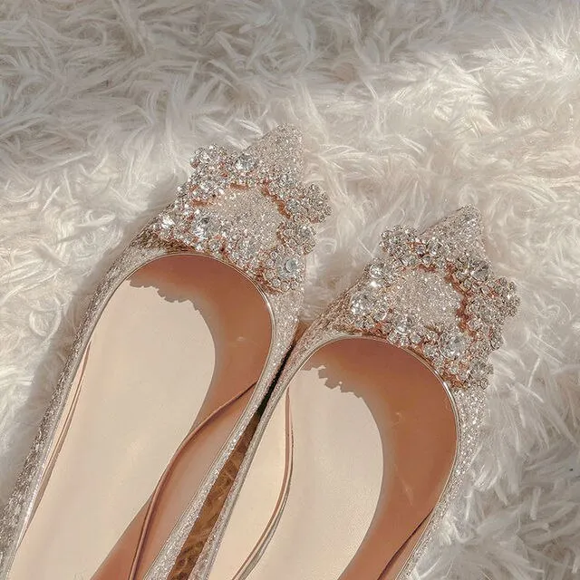 Women Wedding Shoes Square Buckle Crystal Pointed Toe Flats