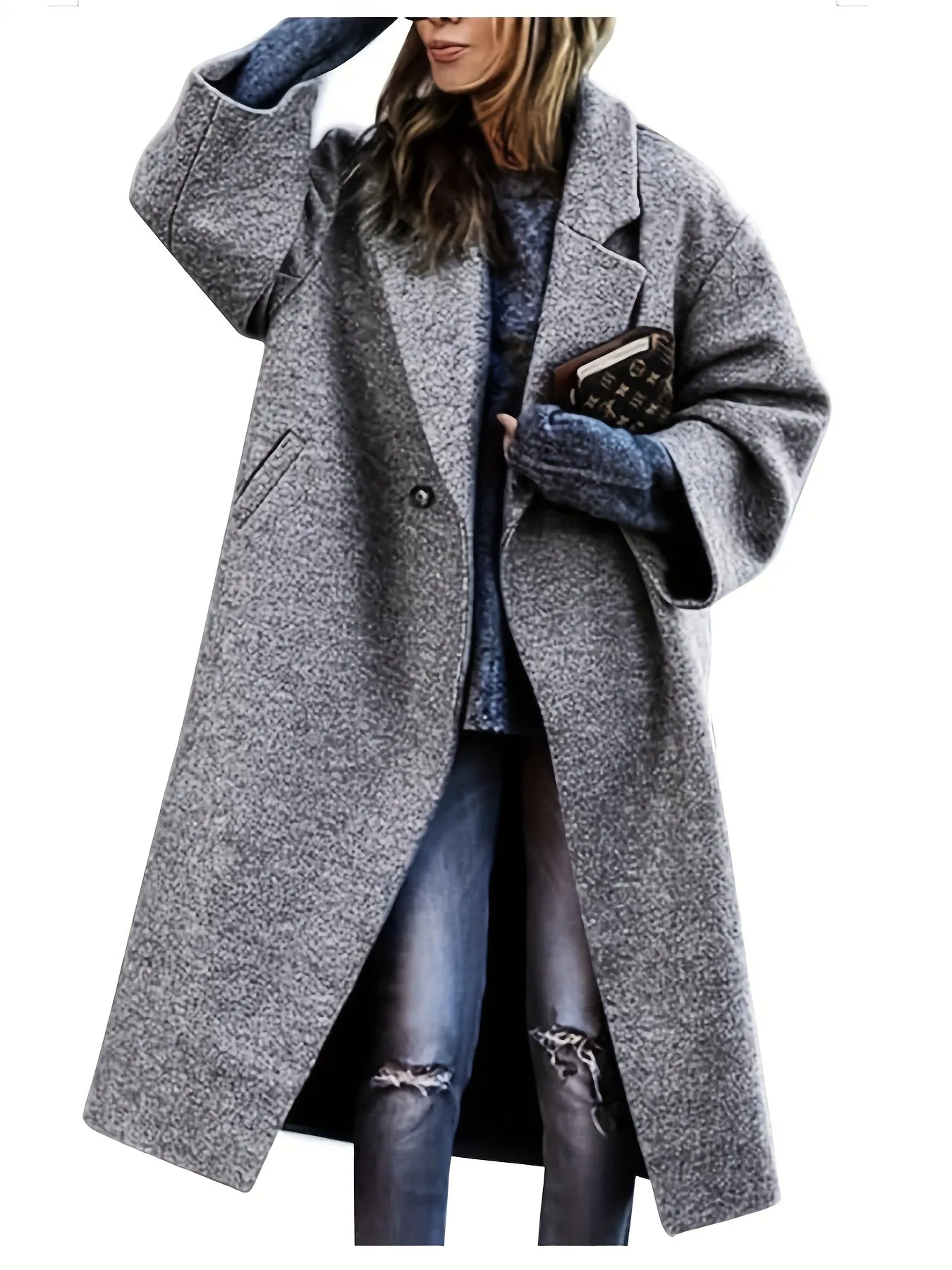Womens Notch Lapel Long Faux Coat Single Breasted Elegant Fall Winter Maxi Peacoat Fashion Jacket Overcoat