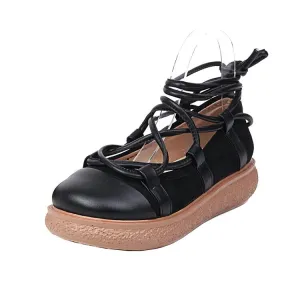 Women's Round Toe Cross Tied Strap Platform Flat Many Jane Shoes