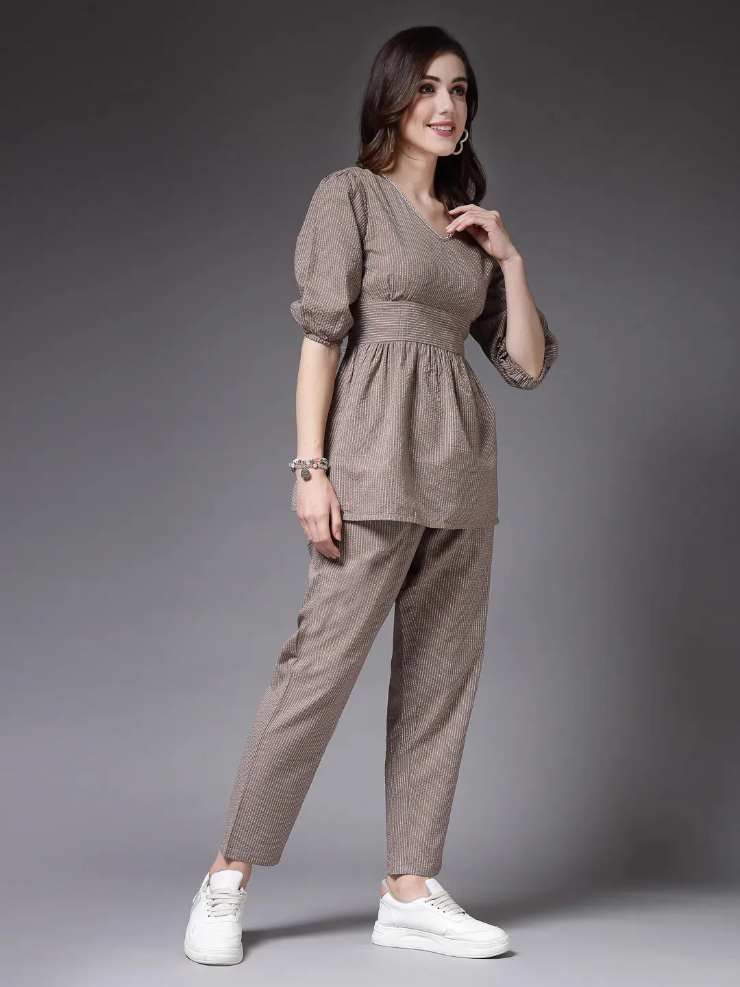 Women's Self Woven Kantha Cotton Co-Ord Set-BEIGEKATHACORD