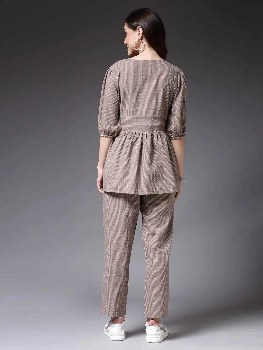 Women's Self Woven Kantha Cotton Co-Ord Set-BEIGEKATHACORD