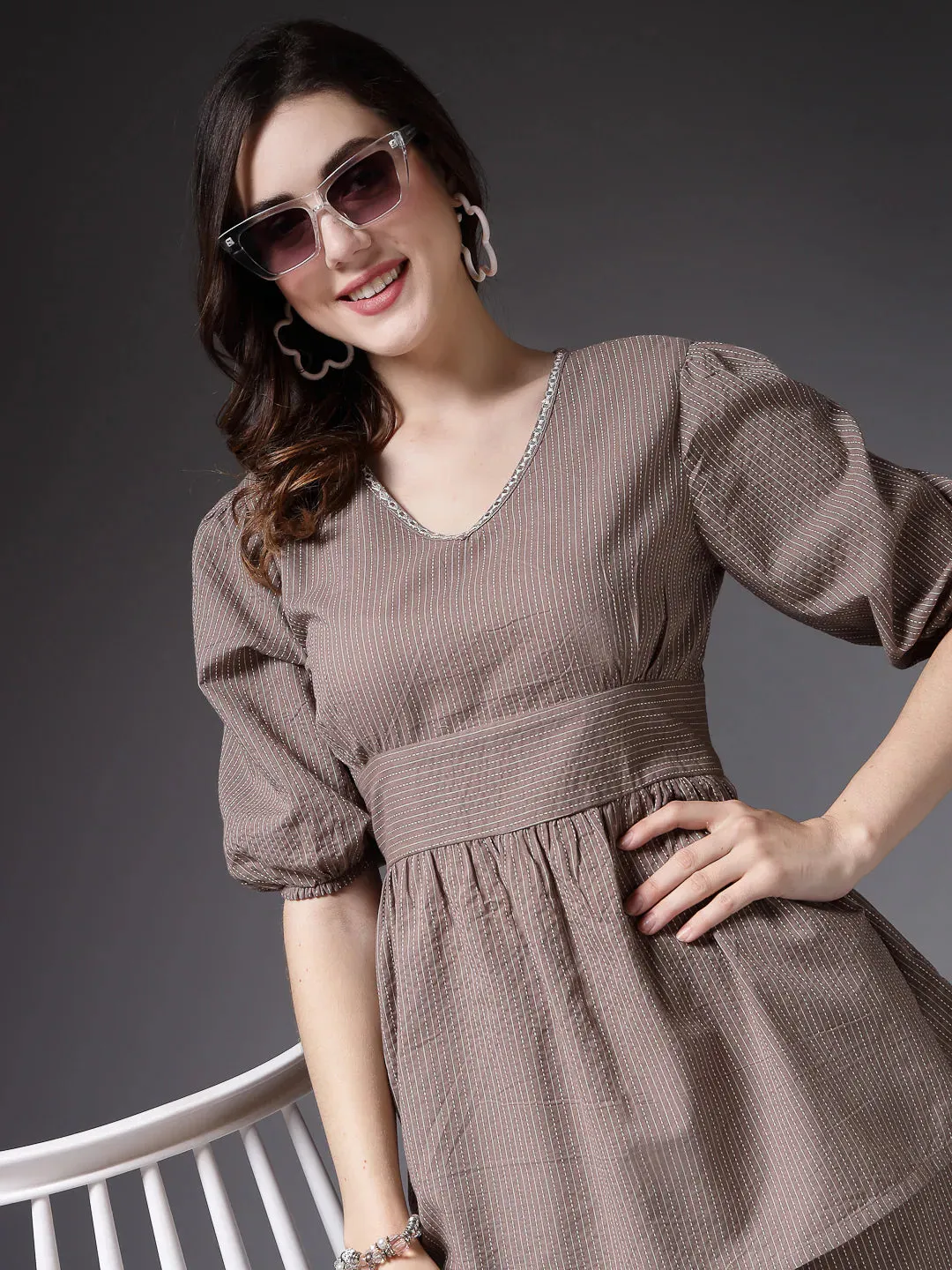 Women's Self Woven Kantha Cotton Co-Ord Set-BEIGEKATHACORD