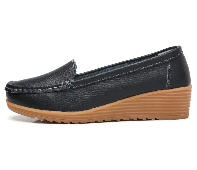 Women's Wedge Heel Shoes New Leather Slip On Loafers Casual Flats