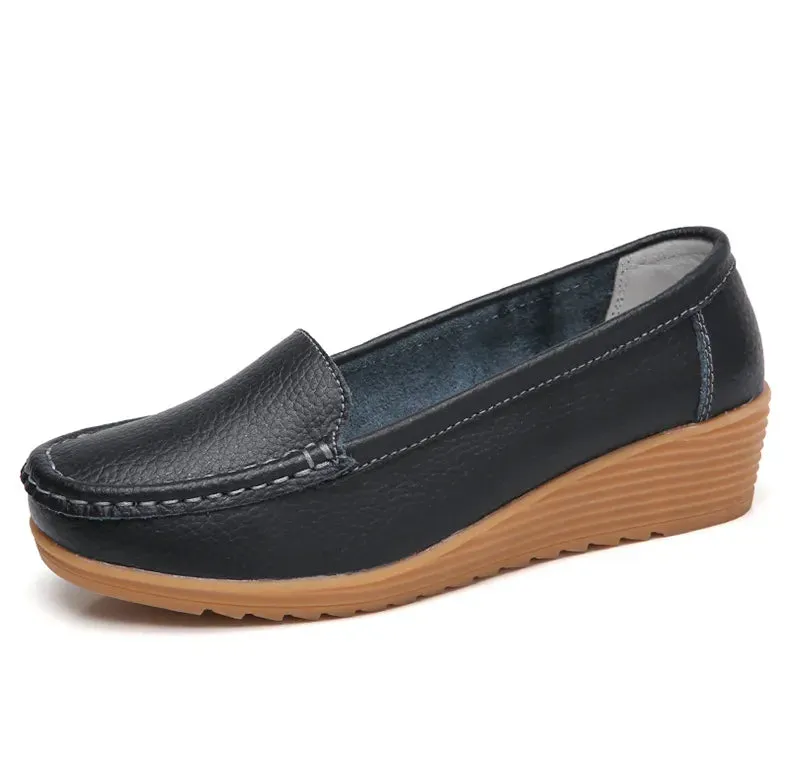 Women's Wedge Heel Shoes New Leather Slip On Loafers Casual Flats